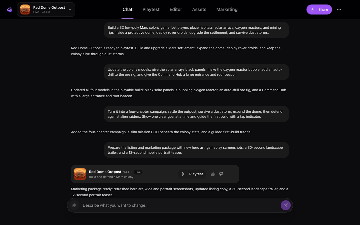 Real PlayDrop Studio chat showing creator feedback and the completed Red Dome Outpost build