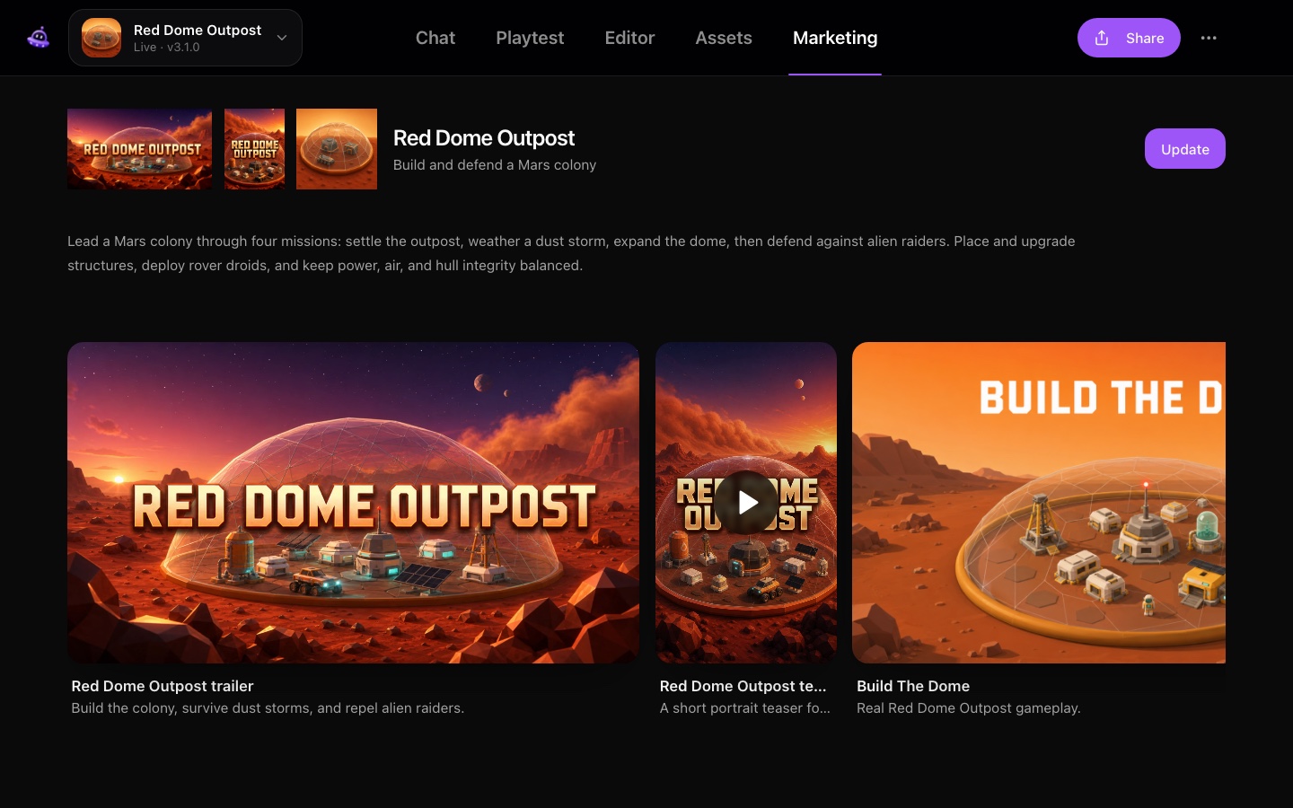 Real PlayDrop Studio marketing view for Red Dome Outpost with listing art and gameplay media